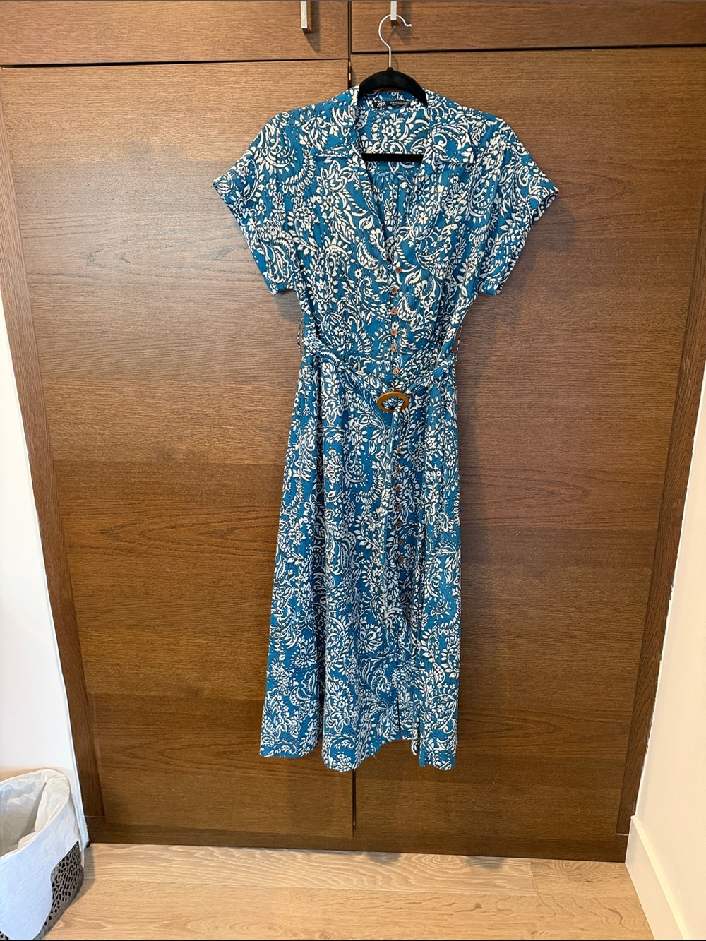 Zara Teal Blue Paisley Wrap Midi Dress with Belt